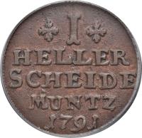 reverse of 1 Heller - Wilhelm V (1766 - 1791) coin with KM# 9 from German States. Inscription: I HELLER SCHEIDE MUNTZ 1791