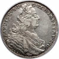 obverse of 1 Conventionsthaler - Franz (1754) coin with KM# 316 from German States. Inscription: FRANCISCVS · D · G · ROM · IMP · SEMP · AVG · P.P.W. C.G.L