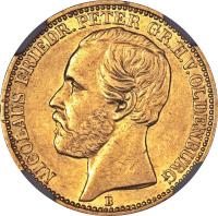 obverse of 10 Mark - Nicolaus Friedrich Peter (1874) coin with KM# 200 from German States. Inscription: NICOLAUS FRIEDR.PETER GR.H.V.OLDENBURG B