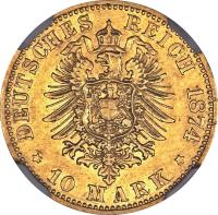 reverse of 10 Mark - Nicolaus Friedrich Peter (1874) coin with KM# 200 from German States. Inscription: DEUTSCHES REICH 1874 * 10 MARK *