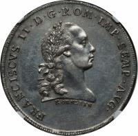 obverse of 1 Thaler - Franz II (1793) coin with KM# 469 from German States. Inscription: FRANCISCVS II. D. G. ROM. IMP. SEMP. AVG. KÖRNLEIN