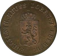 obverse of 1 Pfennig - Heinrich LXXII (1841 - 1844) coin with KM# 1 from German States. Inscription: FURSTENTH. REUSS LOBENST. EBERSD.