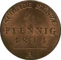 reverse of 1 Pfennig - Heinrich LXXII (1841 - 1844) coin with KM# 1 from German States. Inscription: SCHEIDE MUNZE 1 PFENNIG 1841 A