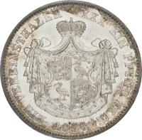 reverse of 1 Vereinsthaler - Heinrich XX (1858) coin with KM# 110 from German States. Inscription: EIN VEREINSTHALER XXX EIN PFUND FEIN 1858