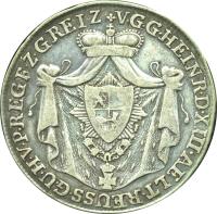 obverse of 1/3 Thaler - Heinrich XIII (1809) coin with KM# 97 from German States. Inscription: V.G.G.HEINR.D.X.III.AELT.REUSS.G.U.H.V.P.REG.F.Z.GREIZ