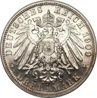 reverse of 3 Mark - Heinrich XXIV (1909) coin with KM# 130 from German States. Inscription: DEUTSCHES REICH 1909 * DREI MARK *