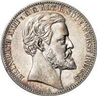 obverse of 2 Mark - Heinrich XXII (1892) coin with KM# 127 from German States. Inscription: HEINRICH XXIIv.G.G.ALT.L.SOUV. FÜRST REUSS