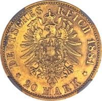 reverse of 20 Mark - Heinrich XIV (1881) coin with KM# 80 from German States. Inscription: DEUTSCHES REICH 1881 * 20 MARK *