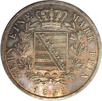 reverse of 1 Conventionsthaler - Ernst I (1835) coin with KM# 69 from German States. Inscription: ZEHN EINE MARK FEIN 1835