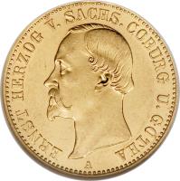 obverse of 20 Mark - Ernst II (1886) coin with KM# 156 from German States. Inscription: ERNST HERZOG V. SACHS. COBURG U. GOTHA A