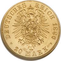 reverse of 20 Mark - Ernst II (1886) coin with KM# 156 from German States. Inscription: DEUTSCHES REICH 1886 * 20 MARK *