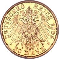 reverse of 20 Mark - Karl Eduard (1905) coin with KM# 172 from German States. Inscription: DEUTSCHES REICH 1905 * 20 MARK *