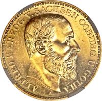 obverse of 20 Mark - Alfred (1895) coin with KM# 163 from German States. Inscription: ALFRED HERZOG V.SACHSEN COBURG U.GOTHA