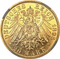 reverse of 20 Mark - Alfred (1895) coin with KM# 163 from German States. Inscription: DEUTSCHES REICH 1895 * 20 Mark *