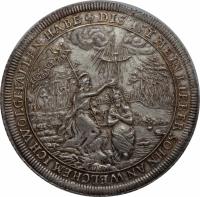 obverse of 1 Thaler - Friedrich II - Baptism Thaler (1692) coin with KM# 133 from German States. Inscription: DIS IST MEIN LIEBER SOHN AN WELCHEM ICH WOHLGEFALLEN HABE