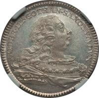 obverse of 1/3 Thaler - Friedrich II / Johann Wilhelm - 200th Anniversary of` Religious Peace of Augsburg (1755) coin with KM# 296 from German States. Inscription: FRIDER. III. GOTHAN. SAXONVM. DVX.