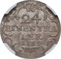 reverse of 1/24 Thaler - Friedrich III (1752 - 1756) coin with KM# 289 from German States. Inscription: H. S. G. V. A. L. M. 24 EINEN THA LER 1755