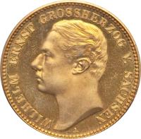 obverse of 20 Mark - Wilhelm Ernst (1901) coin with KM# 216 from German States. Inscription: WILHELM ERNST GROSSHERZOG V. SACHSEN