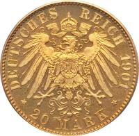 reverse of 20 Mark - Wilhelm Ernst (1901) coin with KM# 216 from German States. Inscription: DEUTSCHES REICH 1901 * 20 MARK *