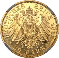 reverse of 20 Mark - Karl Alexander (1892 - 1896) coin with KM# 213 from German States. Inscription: DEUTSCHES REICH 1892 * 20 Mark *