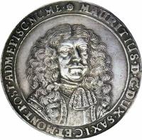 obverse of 1 Thaler - Moritz Wilhelm (1667) coin with DAV# 7666 from German States. Inscription: MAURITIUS.D.G.DUX.SAX.I.C.ET.MONT.POST.ADM.EPISC.NUME.