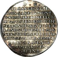 reverse of 2 Thaler - Johann Georg II - Death of Emperor Ferdinand III (1657 - 1658) coin with KM# 460 from German States. Inscription: D.G. .IOHAN · GEORG.II. DUX · SAX · I · C · & · MONT. S · R · IMP.ARCHIM · ELLECT. ATQ · POST · EXCESS · DIV · IMP. FER