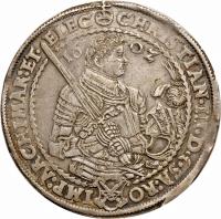 obverse of 1 Thaler - Christian II / Johann Georg I / August (1601 - 1605) coin with KM# 16 from German States. Inscription: CHRISTIAN · II · D · G · SA:RO IMP:ARCHIMAR:ET · ELEC 16 02