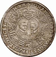 reverse of 1 Thaler - Christian II / Johann Georg I / August (1601 - 1605) coin with KM# 16 from German States. Inscription: IOHAN:GEORG · ET · AVGVST:FRAT:ET · DVCES · SAXON HB