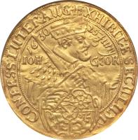 obverse of 6 Ducat - Johan Georg - Centennial of the Augsburg Confession (1630) coin with KM# A423 from German States. Inscription: CONFESS:LUTER:AUG:EXHIBITAE SECULUM 16 30 25 JUNY IOH GEOR