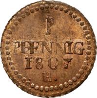 reverse of 1 Pfennig - Friedrich August I (1807 - 1809) coin with KM# 1057 from German States. Inscription: I PFENNIG 1807