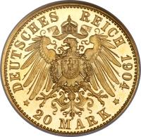 reverse of 20 Mark - Albrecht Georg (1898 - 1904) coin with KM# 51 from German States. Inscription: DEUTSCHES REICH 1904 20 MARK