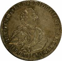 obverse of 1 Thaler - Friedrich Karl (1761) coin with KM# 28 from German States. Inscription: FRIDERICVS CAROLVS.D.G.H.N.D.S.H.S.ET D.C.IN.O.ETD