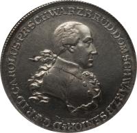 obverse of 1 Thaler - Friedrich Karl (1791) coin with KM# 134 from German States. Inscription: D.G.FRID.CAROLUS.PR.SCHWARZB.RUD.DOMSCHWARZB.SENIOR*