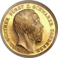 obverse of 20 Mark - Karl Günther (1896) coin with KM# 151 from German States. Inscription: KARL GÜNTHER FÜRST Z. SCHWARZB. SONDERSH. A