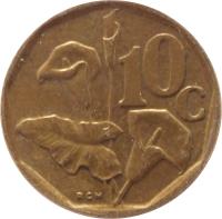 reverse of 10 Cents - SUID-AFRIKA - SOUTH AFRICA (1990 - 1995) coin with KM# 135 from South Africa. Inscription: 10c RCM