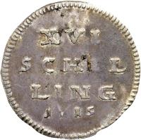 reverse of 16 Schilling - Swedish Occupation (1715) coin with KM# 201 from German States. Inscription: XVI SCHIL LING 1715