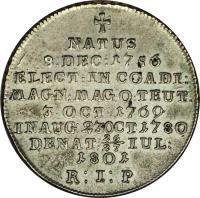 reverse of 1/4 Thaler - Max Franz - Death of the Grandmaster (1801) coin with KM# 157 from German States. Inscription: NATUS 8.DEC:1756 ELECT:IN COADI: MAGN:MAG:O:TEUT. 3.OCT:1769 INAUG:23OCT.1780 DENAT.26/27IUL: 1801 R:I:P