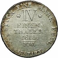 reverse of 1/4 Thaler - Friedrich (1810) coin with KM# 59 from German States. Inscription: 53 ⅓ STUCK EINE MARK FINE. IV EINEN THALER 1810. F.W. IUSTIRT.