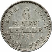 reverse of 1/6 Reichsthaler - Georg Friedrich Heinrich (1837 - 1845) coin with KM# 150 from German States. Inscription: LXXXIV EINE FEINE MARK. 6 EINEN THALER 1845 A