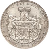 reverse of 2 Thaler / 3 1/2 Gulden - Georg Victor (1856) coin with KM# 177 from German States. Inscription: 2 THALER VII EINE F.MARK 3½ GULDEN VEREINS 1856 MÜNZE