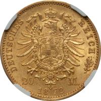 reverse of 20 Mark - Karl I (1872 - 1873) coin with KM# 622 from German States. Inscription: DEUTSCHES REICH 20 M. 1872