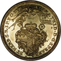 obverse of 1 Goldgulden - Adam Friedrich (1755) coin with KM# 347 from German States. Inscription: .ADAM FRID.D.G.EP.BAMB. ET HERB.S.R.I.P.F.O.DVX. VRBIS ET PATRIAR PATER