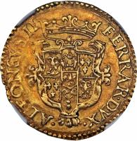 obverse of 1 Scudo d´Oro - Alfonso II (1576 - 1579) coin with MB# 86 from Italian States. Inscription: ALFONSVS. II. - FERRAR. DVX.