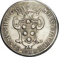 obverse of 1 Pezza della Rosa - Cosimo III (1670 - 1684) coin with KM# 15.1 from Italian States. Inscription: .COSMVS.III.D.G. M.DVX.ETRVRIAE. 1698