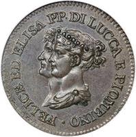 obverse of 3 Centesimi - Felice (1806) coin with KM# 21 from Italian States. Inscription: FELICE ED ELISA PP · DI LUCCA E PIOMBINO ·