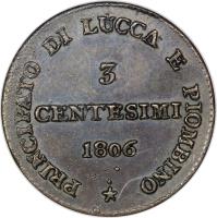 reverse of 3 Centesimi - Felice (1806) coin with KM# 21 from Italian States. Inscription: PRINCIPATO DI LUCCA E PIOMBINO · 3 CENTESIMI 1806