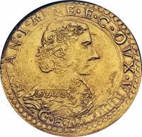 obverse of 4 Scudi d´Oro - Francesco I (1631 - 1634) coin with FR# 778.1 from Italian States. Inscription: .FRAN.I.MV.REG.EC.D.VIII