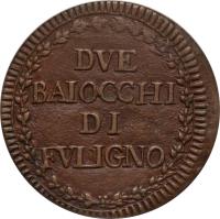 reverse of 2 Baiocchi - Pius VI (1794 - 1795) coin with KM# 5 from Italian States. Inscription: DVE BAIOCCHI DI FVLIGNO