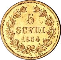 reverse of 5 Scudi - Pius IX (1846 - 1854) coin with KM# 1116 from Italian States. Inscription: 5 SCVDI 1854