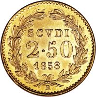 reverse of 2 1/2 Scudi - Pius IX (1848 - 1863) coin with KM# 1117 from Italian States. Inscription: SCVSI 2.50 1858 R